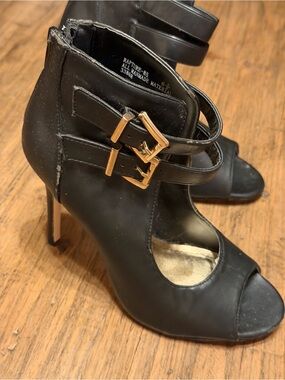 Anne Michelle Black Peep-Toe Stiletto Ankle Boot with Gold Buckles size 6.5